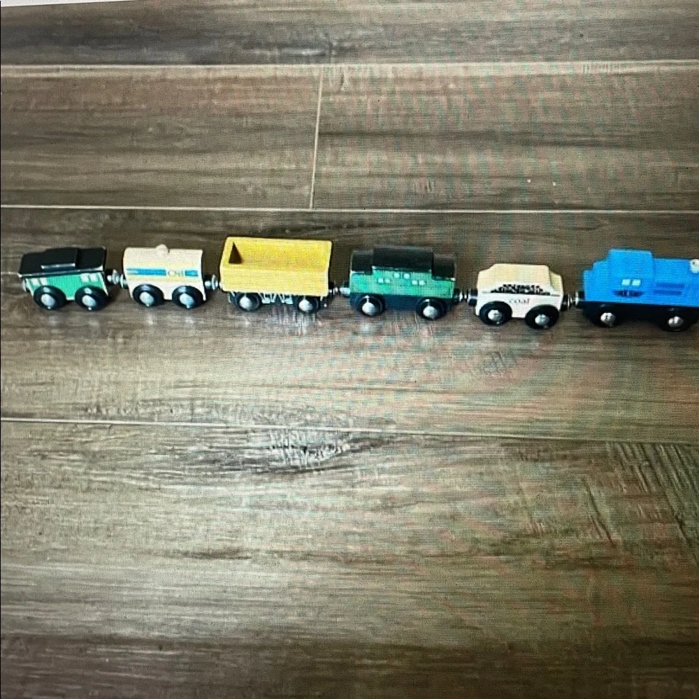 6 Small Wooden Train Cars and 19 pcs of track